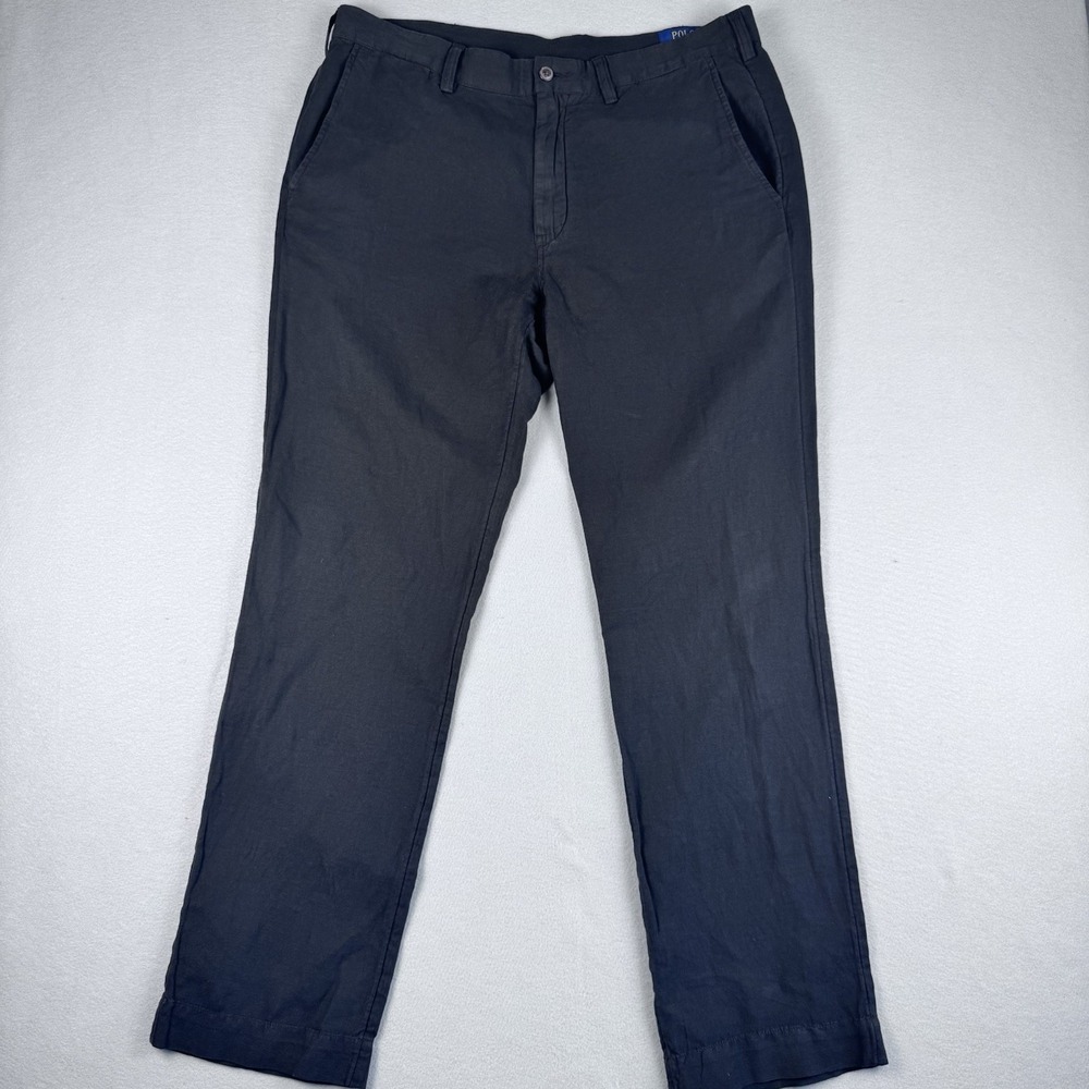 Polo Ralph Lauren Linen Blend Bedford Pants 36x32 Black Flat Front Beach Travel - Picture 2 of 9